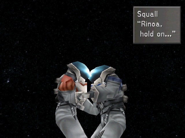 Squall holding into Rinoa saying "Rinoa, hold on" while they both wear space suits