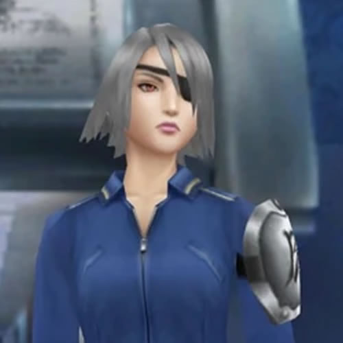 Fujin, a girl with grey hair, a red right eye, and an eyepatch on her left eye. She is wearing a military-style uniform with a metal pauldron on her shoulder.