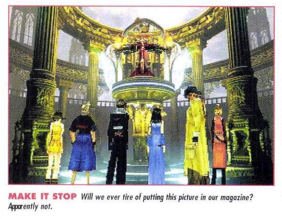 The party from Final Fantasy VIII standing in front of Ultimecia's throne. "Make it stop: Will we ever tire of putting this picture in our magazine? Apparently not."