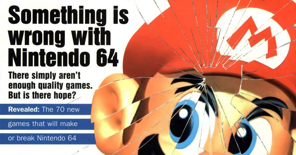 A magazine cover showing Mario obscured by a shattered pane of glass. The cover story is titled "Something is wrong with Nintendo 64."