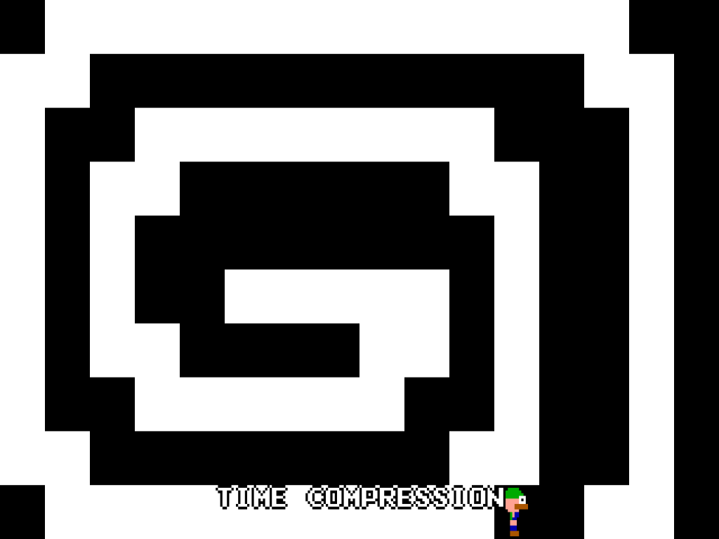 A crude drawing of Luigi, walking around a crude black-and-white spiral labeled "TIME COMPRESSION."