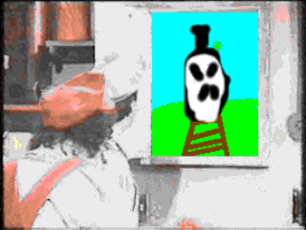 An incredibly crude drawing of Doomtrain driving straight for a live-action Mario, who is looking at Doomtrain through a window. There's a green dot riding on Doomtrain, meant to represent Luigi.