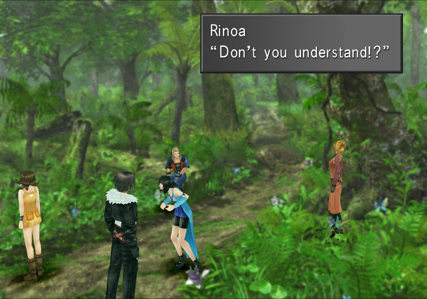 Rinoa is hunched over like a goblin with her shoulders raised, her hair lowered, and her elbows flared back.