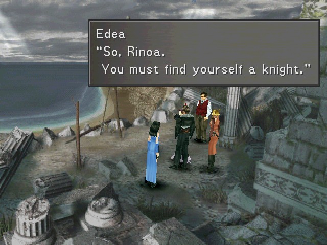 Squall, Rinoa, and Quistis stand outside a stone orphanage by the sea with Cid and Edea. A gray block of text reveals Edea's words: "So, Rinoa. You must find yourself a knight."