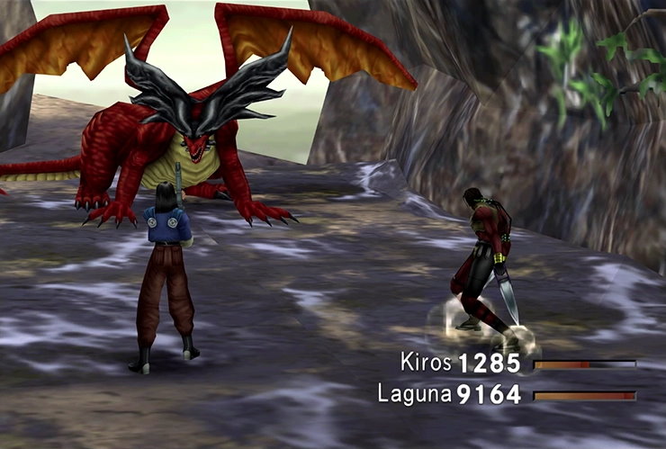 Laguna and Kiros fighting a red dragon.
