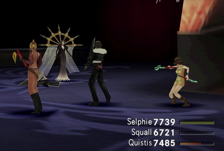 Edea facing off against the party. She's wearing a wild headdress.