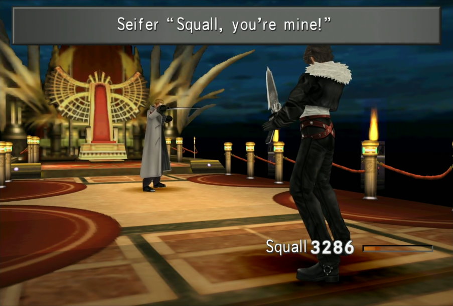 Seifer raising is sword at Squall. Seifer says "Squall, you're mine!"