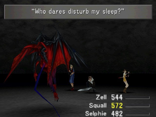 Diablos, a giant demonic monster, saying "Who dares disturb my sleep?"