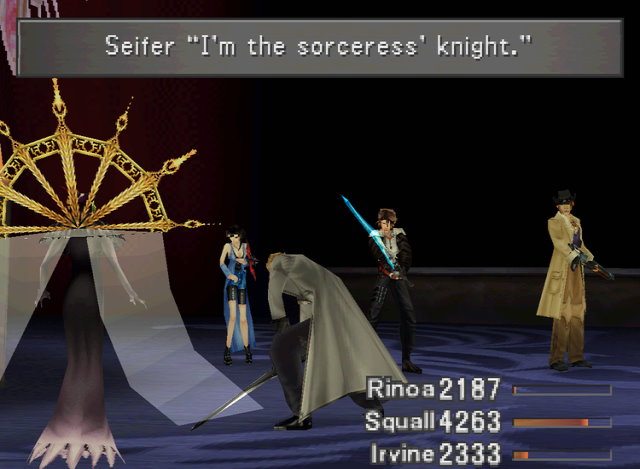 Seifer standing next to Edea in pain, pathetically moaning "I'm the sorceress' knight."