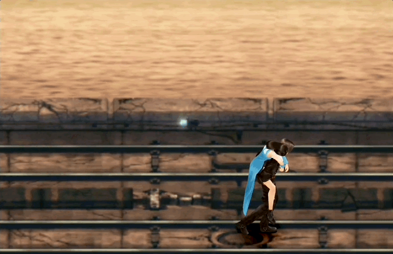 Squall walking across the Horizon Bridge with Rinoa on his back. Squall say "I... sure have changed."
