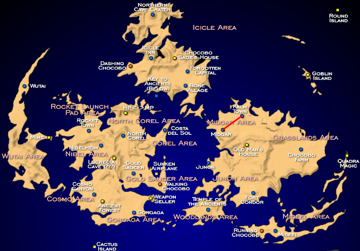 The map of Final Fantasy VII, with a line drawn between Midgar and Kalm Town.