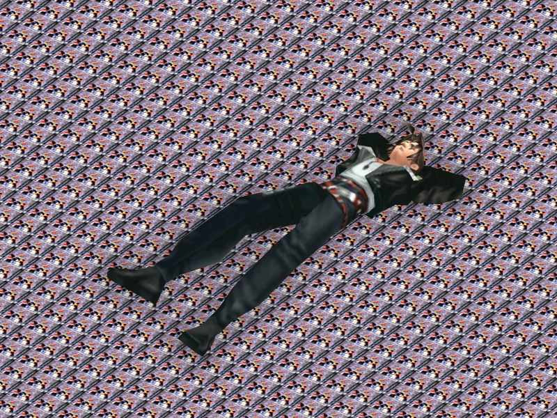 Squall laying down on a pile of every single copy of Final Fantasy VIII.