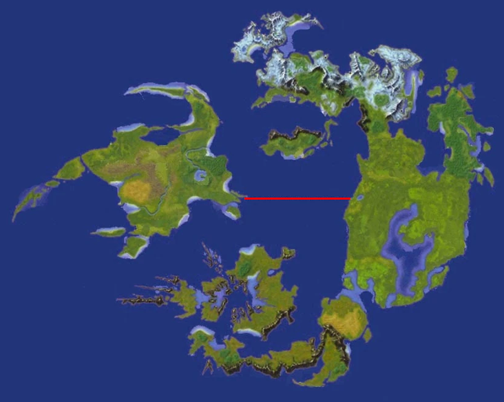 A map of the world from Final Fantasy VIII with a red line over the length of the Horizon Bridge.