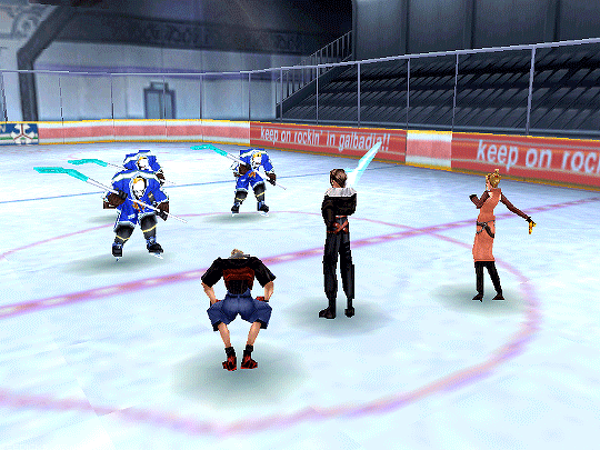 Fighting hockey players on a rink. The banners around the rink say "keep on rockin' in galbadia!!"