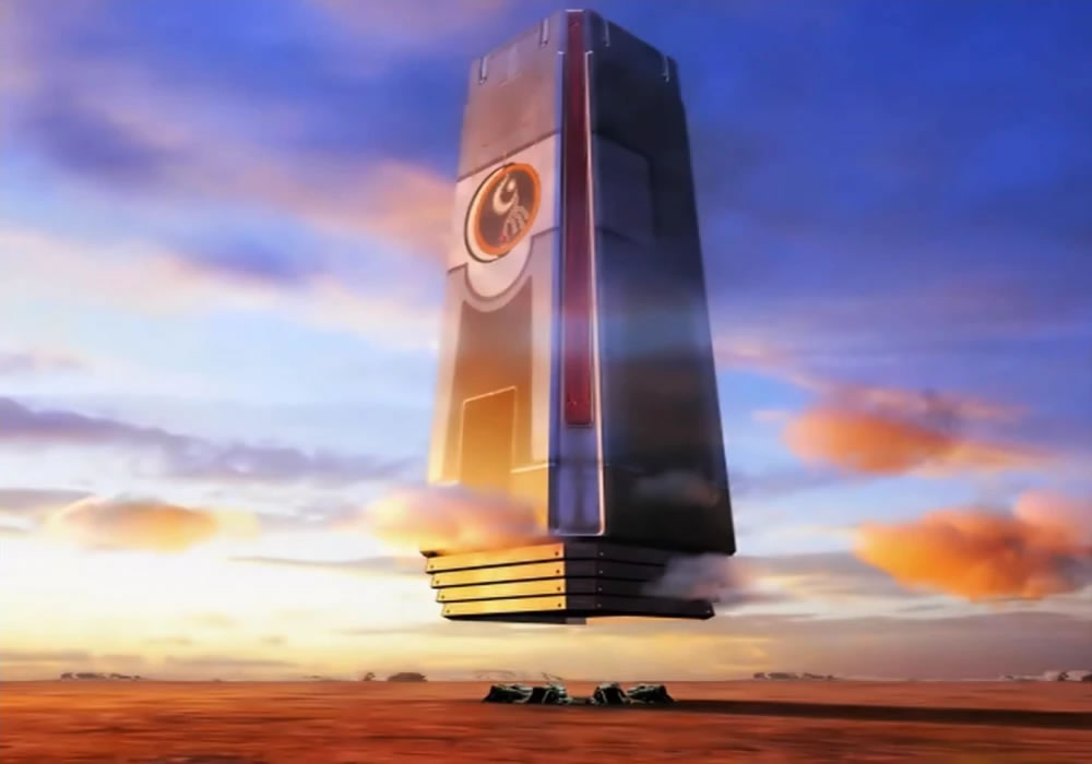 The massive Lunatic Pandora, an obelisk-like structure, hovering over a desert.