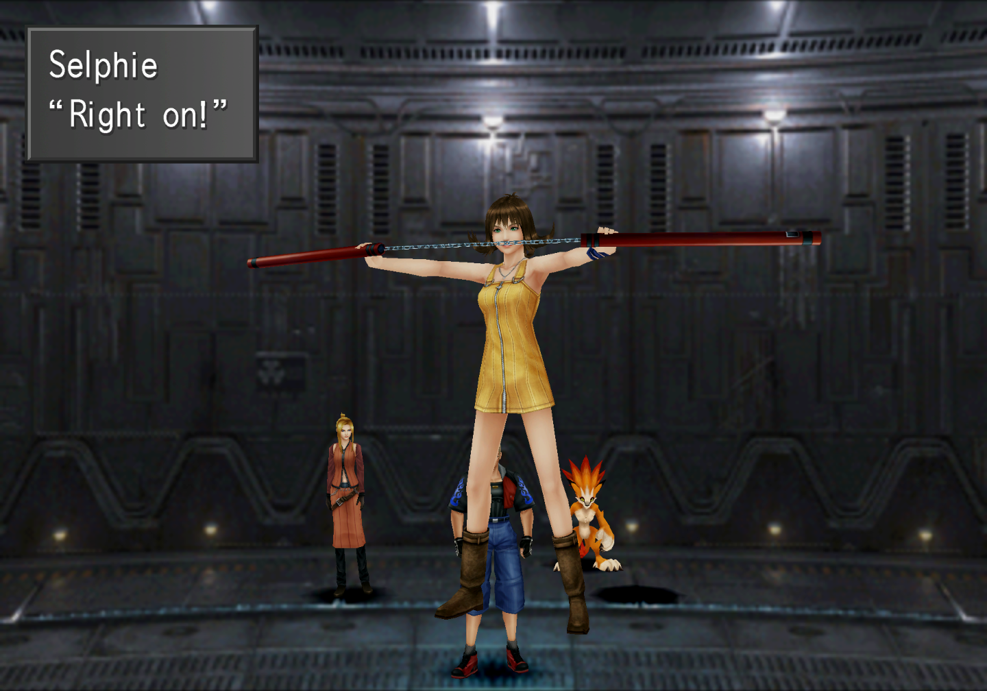 Selphie in the D-District Prison, made twice as tall for effect. She says "Right on!" while posing with nunchucks.