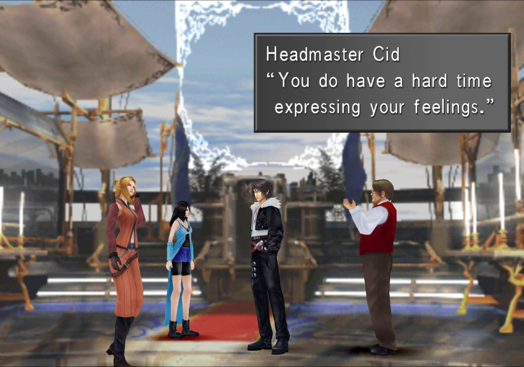 Headmaster Cid talking to Squall on the bridge of Balamb Garden. He says "You do have a hard time expressing your feelings."