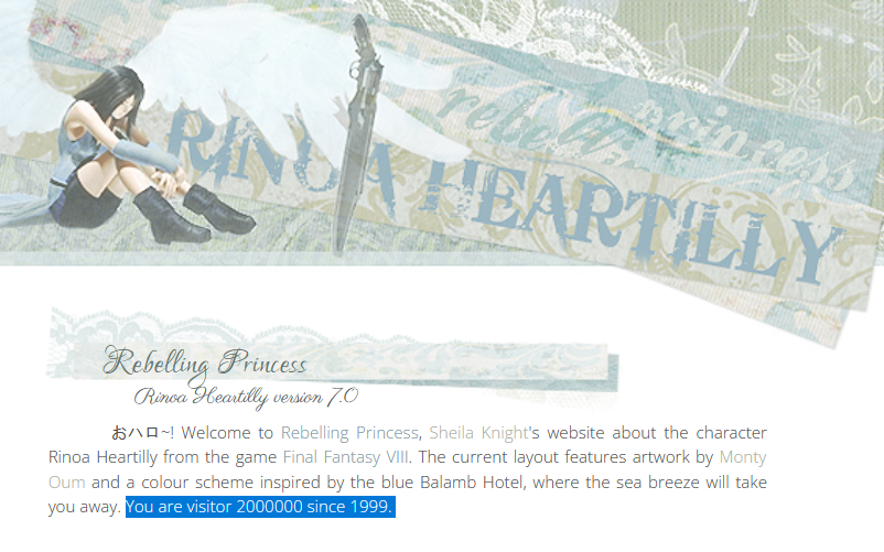 The homepage for Rinoa fansite Rebelling Princess. This screenshot says we are visitor 2,000,000!
