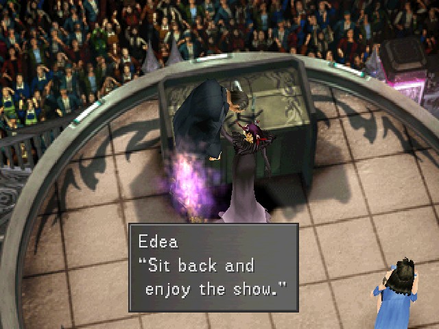 Edea killing President Deling with magic in front of a packed audience. Edea says, "Sit back and enjoy the show."