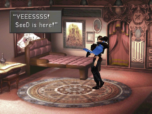 Rinoa flinging herself around Squall and declaring "YES! SeeD is here!"