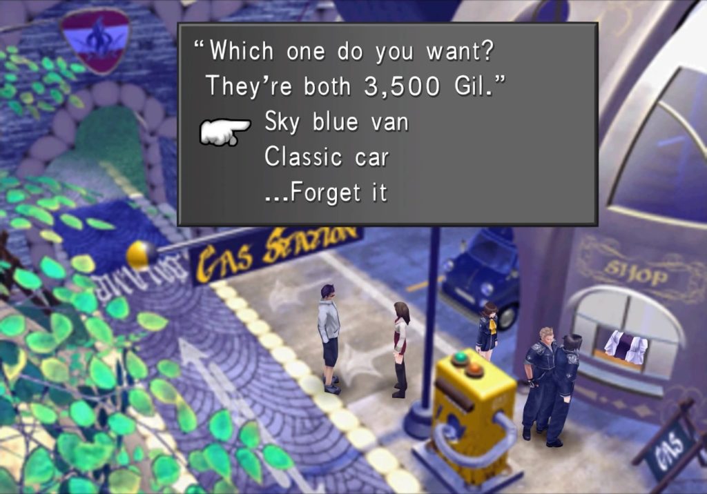 Renting a car in Balamb Town for 3500 Gil.