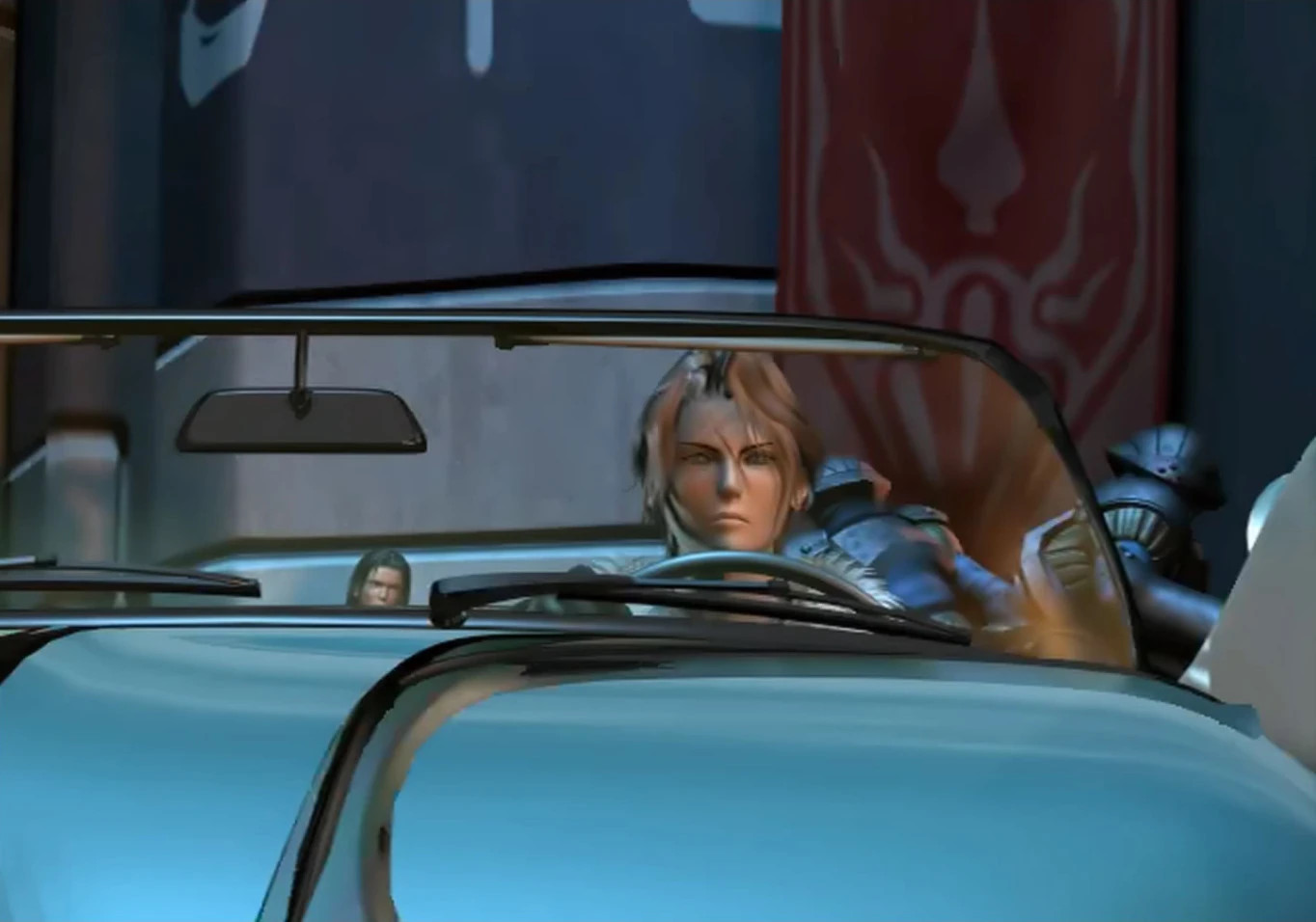 Cutscene of Squall driving a blue car.