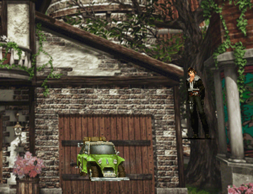 A small green truck floating in front of a garage. Squall is also floating next to the garage.