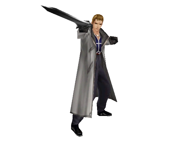 Seifer in battle stance. He's wearing a light grey duster that looks spotless.