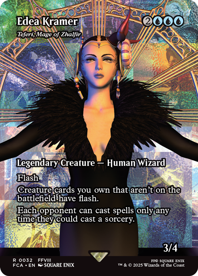 A Magic card for Edea Kramer, using her original render from FF8. The art stretches all the way across the card. She is listed as "Teferi; Mage of Zhalfir" for reasons that I assume are specific to Magic the Gathering.