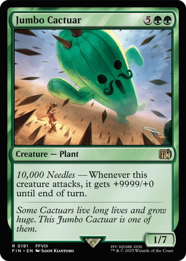 A Magic card for Jumbo Cactuar. Jumbo Cactuar is attacking with 10,000 needles. Irvine is terrified. Rinoa is fighting back.