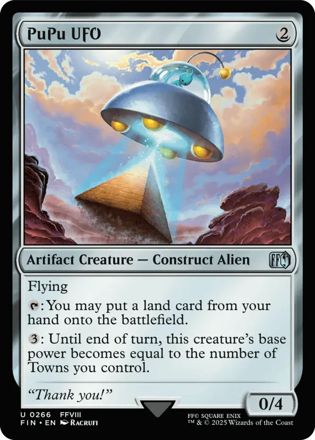 A Magic the Gathering card of PuPu UFO. It depicts PuPu flying away with a pyramid in tow.