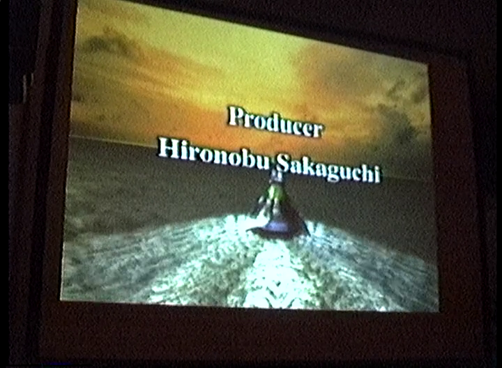 The SeeD ship glides sails away. Text over the cutscene reads "Producer, Hironobu Sakaguchi."